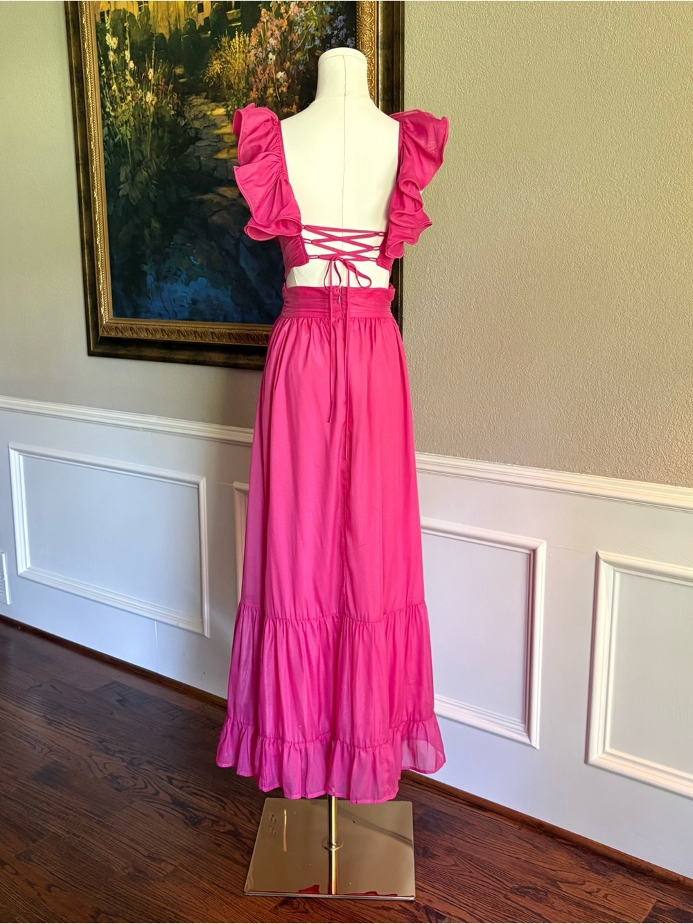Petal & Pup Flutter Strap Deep V Midi Dress in Hot Pink/Berry. Size small. - Picture 2 of 10